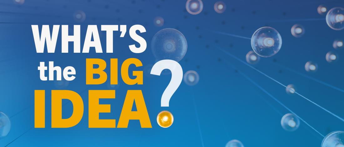 A blue background with white and yellow font that says 'what's the big idea?'.