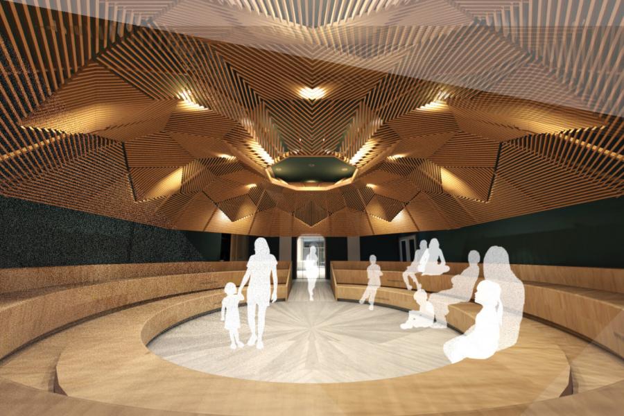 Interior view of a circular room with transparent human figures standing and sitting on the circular benches along the walls.