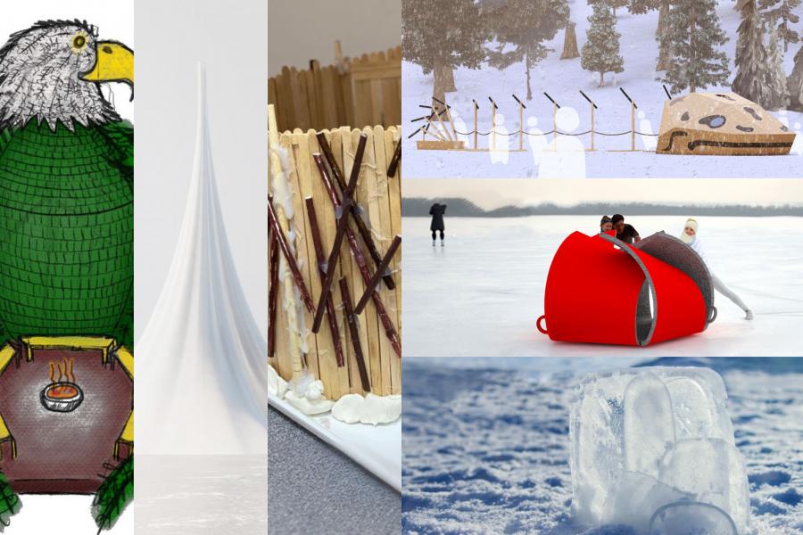 Collage of winning renderings for the Warming Huts 2024 competion.