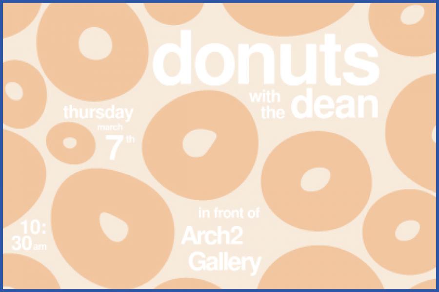 Graphic with abstract beige donuts that reads "Donuts with the Dean".