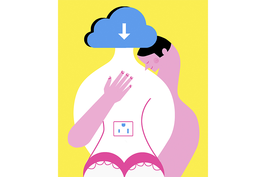 Illustration of person holding another person with a cloud image as their head.