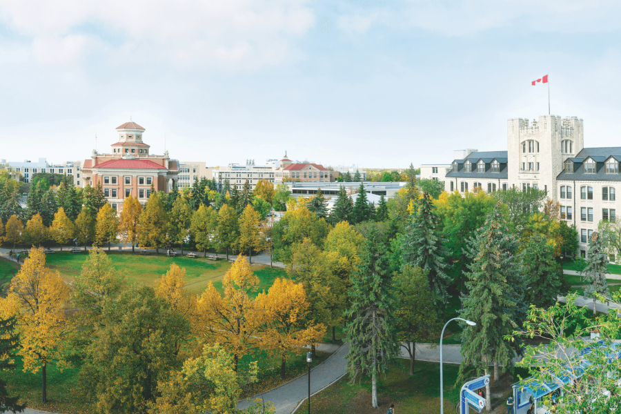An aerial view of the quadrangle and Administration building at the University of Manitoba.