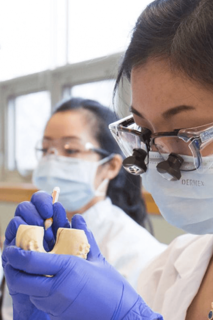 A dentistry student carefully works on a dental mold. 