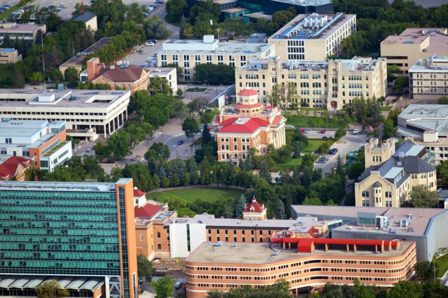 Aerial view of the Fort Garry campus.