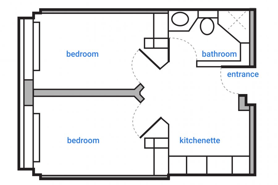 Schematic floorplan of a double occupancy suite in the Arthur V. Mauro Residence. Suite features a shared bathroom to the right of the main entrance and an open kitchenette to the left with separate entrances to two private bedrooms off the common area.
