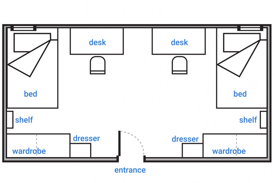 Schematic floorplan of a double occupancy room in the University College Residence. Room is an open concept shared bedroom with a single bed, desk, wardrobe, dresser and shelf on each side of the room.