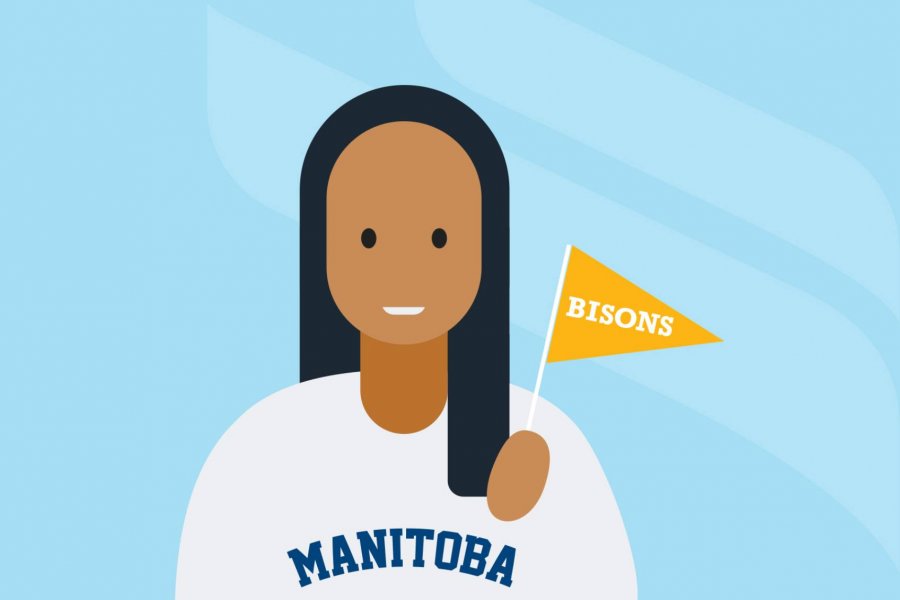 Graphic of a student holding a flag that says Bisons