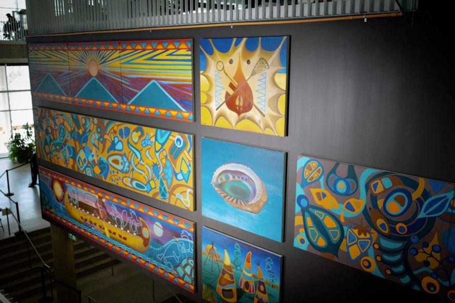 Indigenous paintings on display at the University of Manitoba.