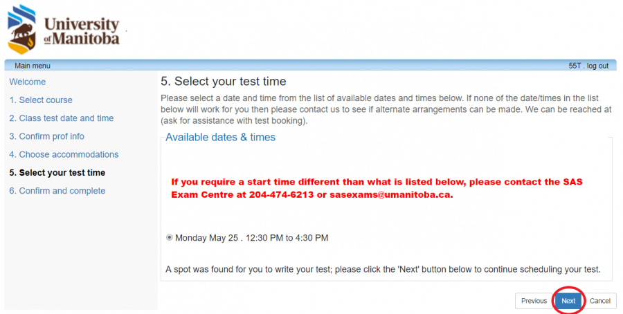 select exam time page with notice to contact SAS, next button circled