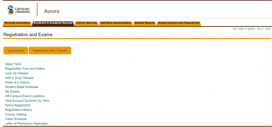screen capture of Aurora Classics registration and exams menu