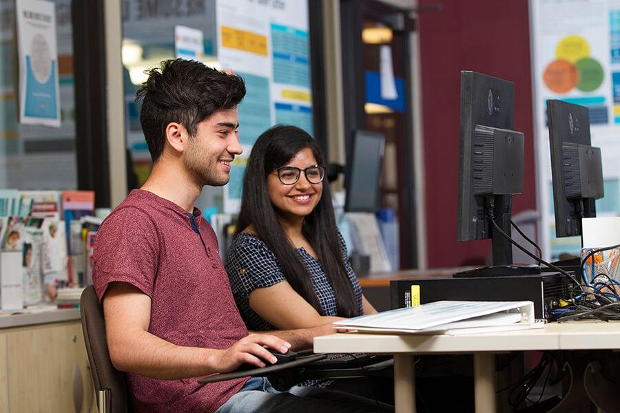 2 people work on computer