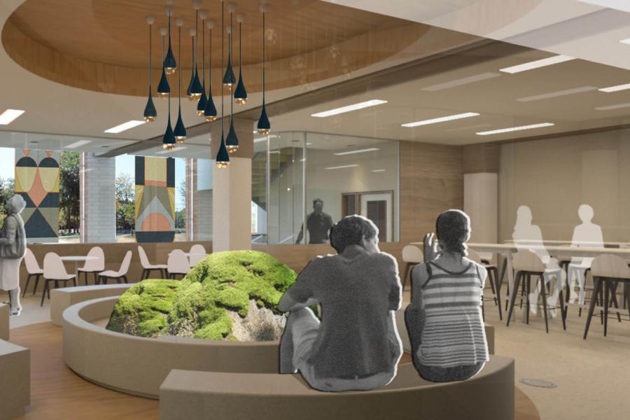 Rendering of social area in women's prison with cafe seating, people in street-clothes, artwork, hanging lights and moss-covered rocks.