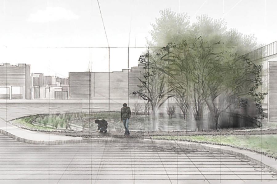 Composite photo and illustration of street with vehicles, geometric buildings and two people near pond with trees.