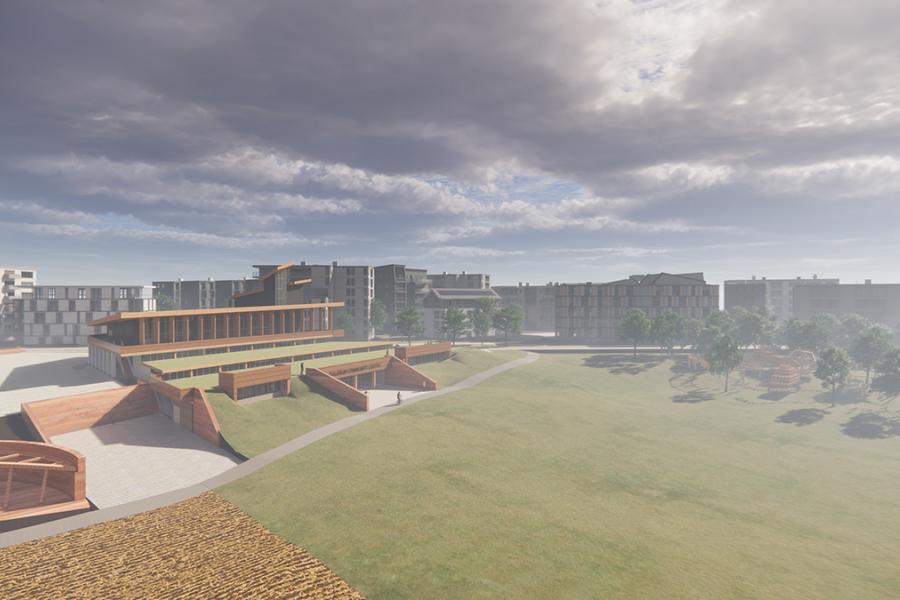 The Fulcrum Community Centre uses local laminated wood and mycelium as structural elements and engages with the local site and community in a regenerative, responsive manner