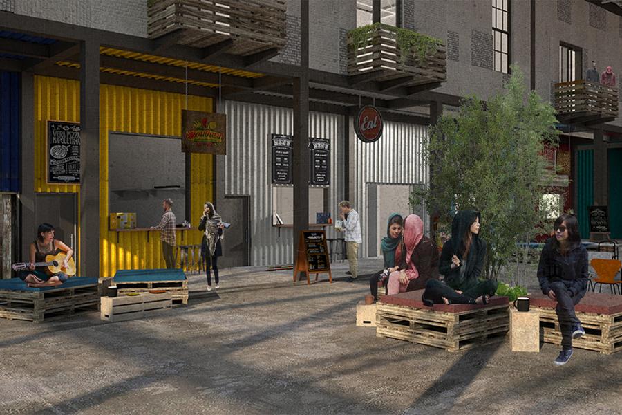 A view of public space created through the utilization of reused materials within the existing structure.