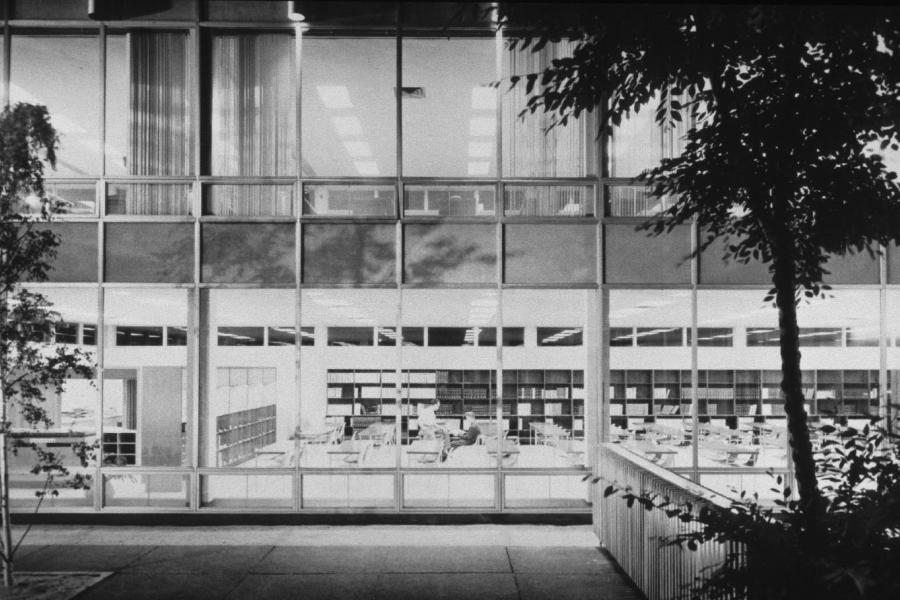 Architecture and Fine Arts library looking in from the courtyard