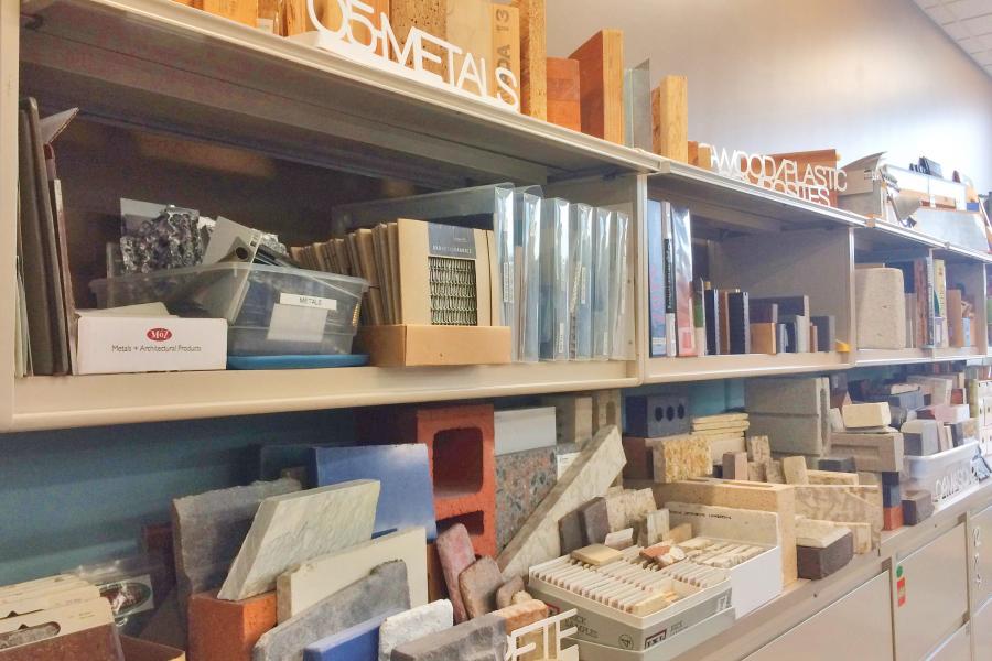 shelves stacked with material samples