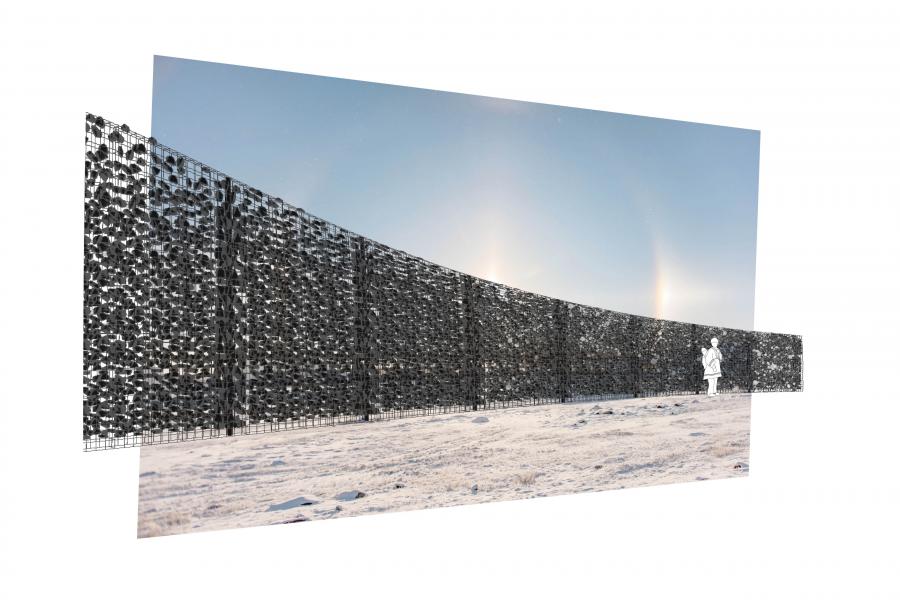 Gabion snow fence.