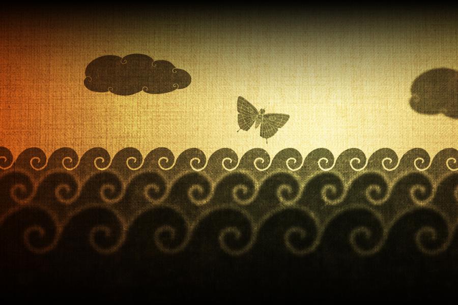 Cartoon waves and butterfly.