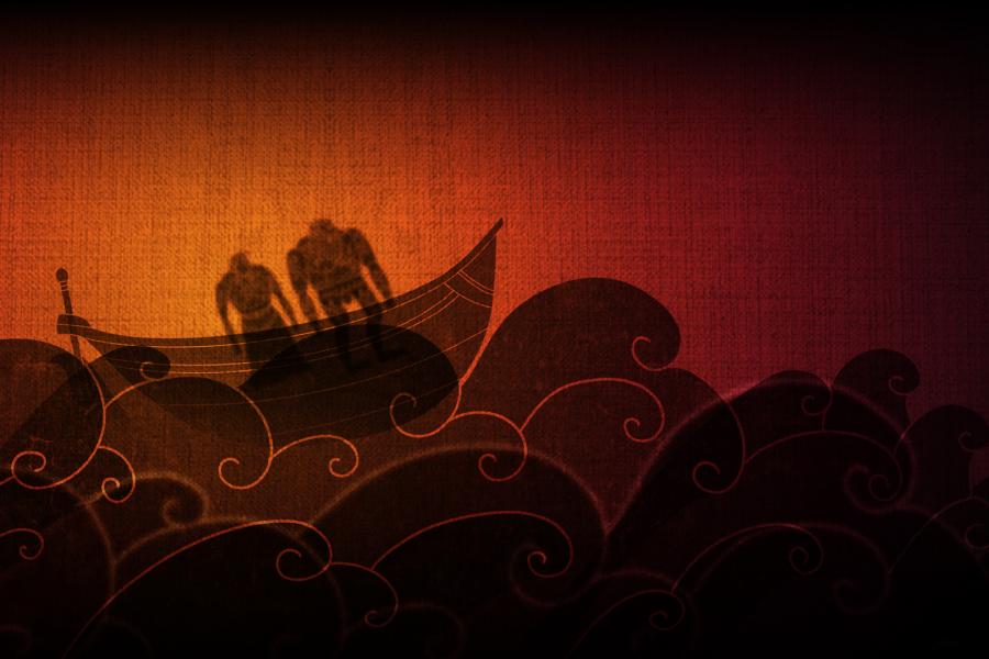 cartoon boat sailing waves.