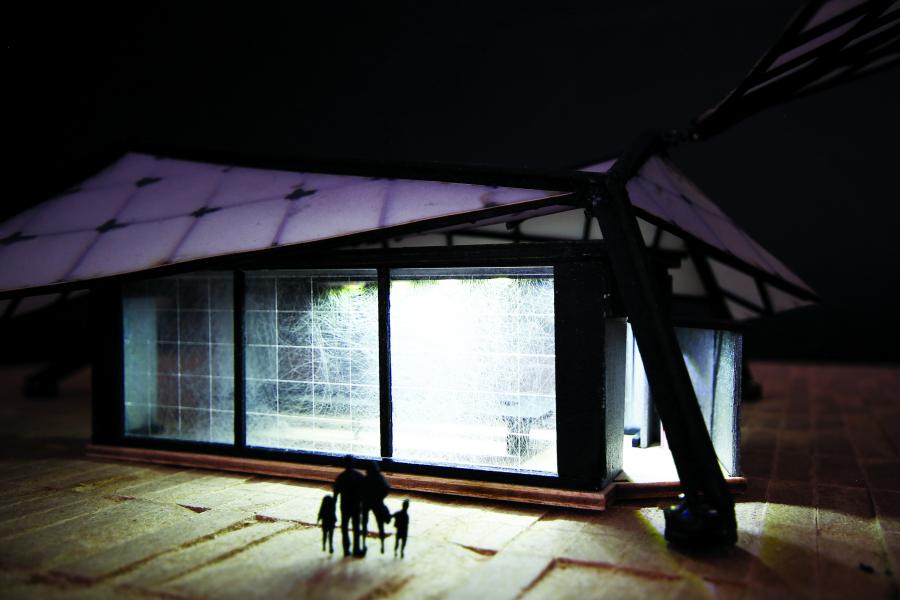 Model of the building illuminated by night