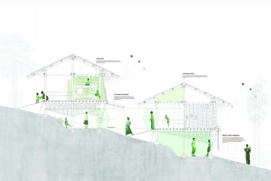 Section drawing of the connections between the buildings
