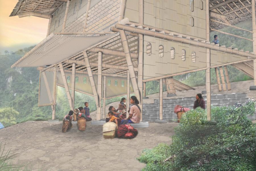 Rendering of people sitting beneath the building's stilts