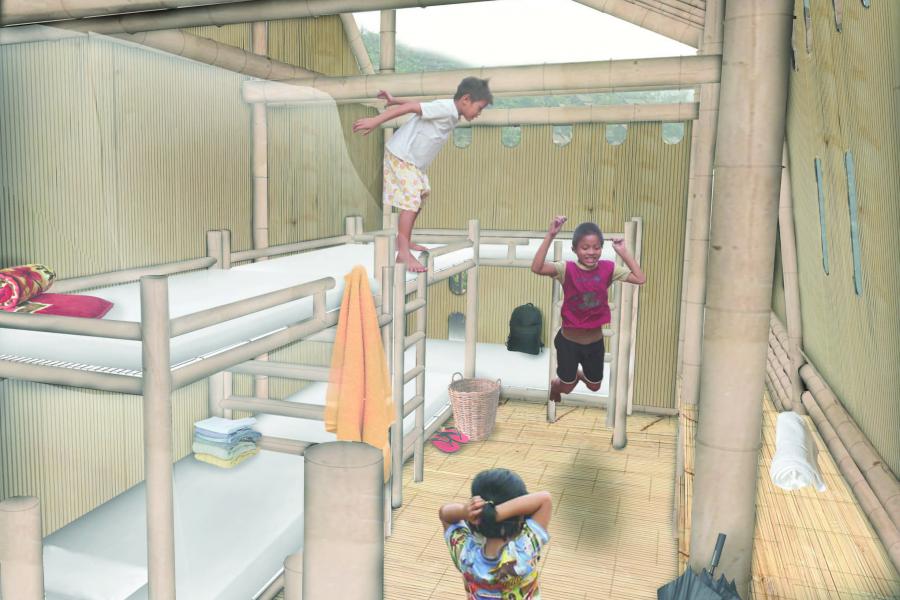 Rendering of children jumping around a bedroom