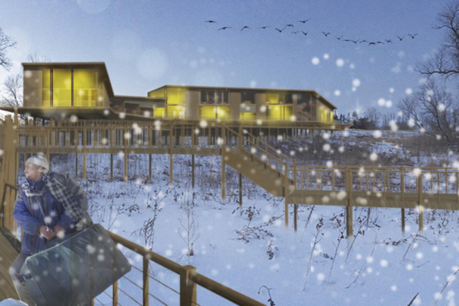 Rendering of the building at night