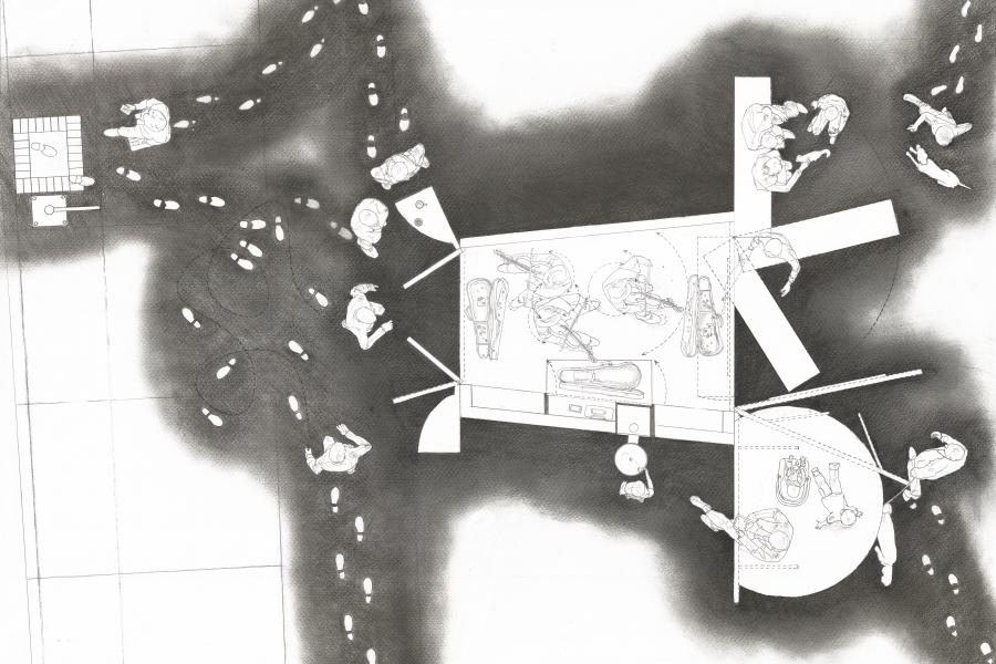 Graphite of a busker stop from above