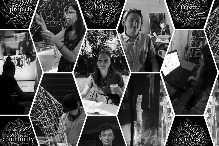 Collage of students working in black and white.
