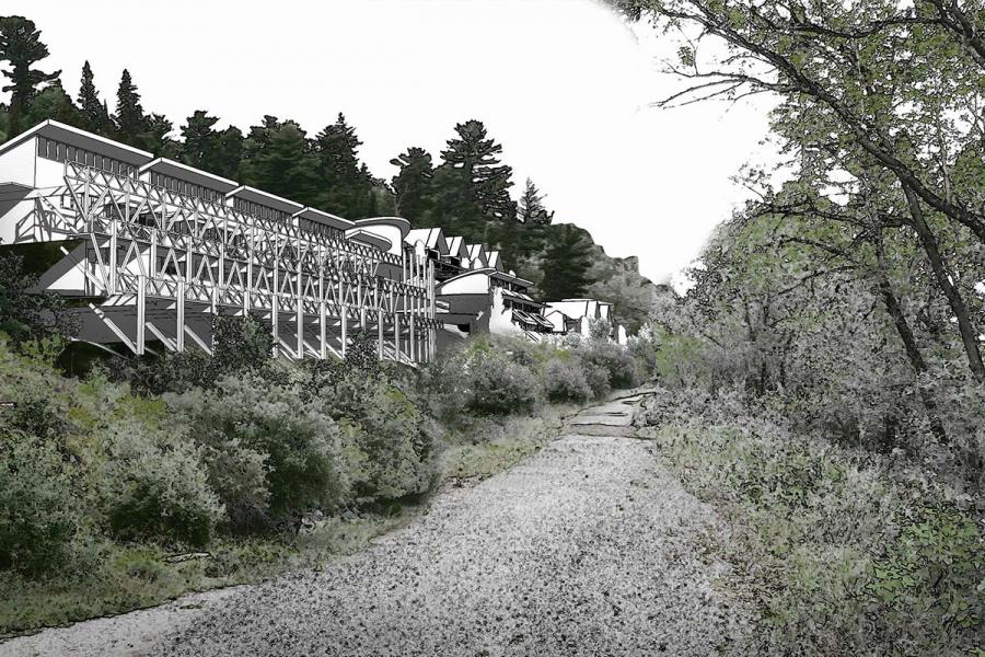 Perspective of building in the woods