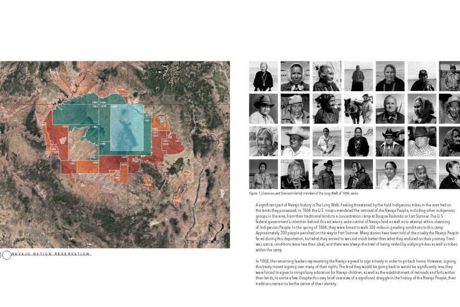 Navajo Nation reservation boundaries following the Long Walk of 1864 and Images of the survivors and family members effected by the Long Walk.