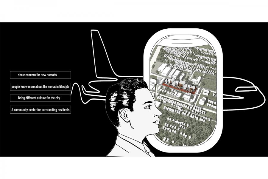 Illustration of man looking out airplane window
