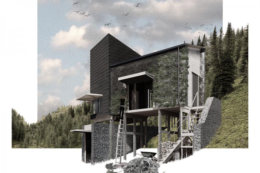 Perspective view of the seasonal reapplication of the camouflaged branch façade on the watch person’s residence.