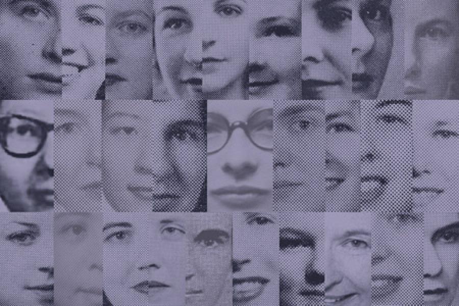 collage of women architects with an overlay of purple coloring on the faces