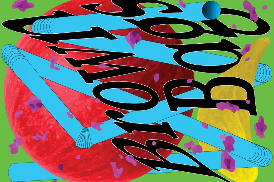 Abstract graphic of red apple, blue straws, and potato chips against a bright green background with text that reads "brown bags".
