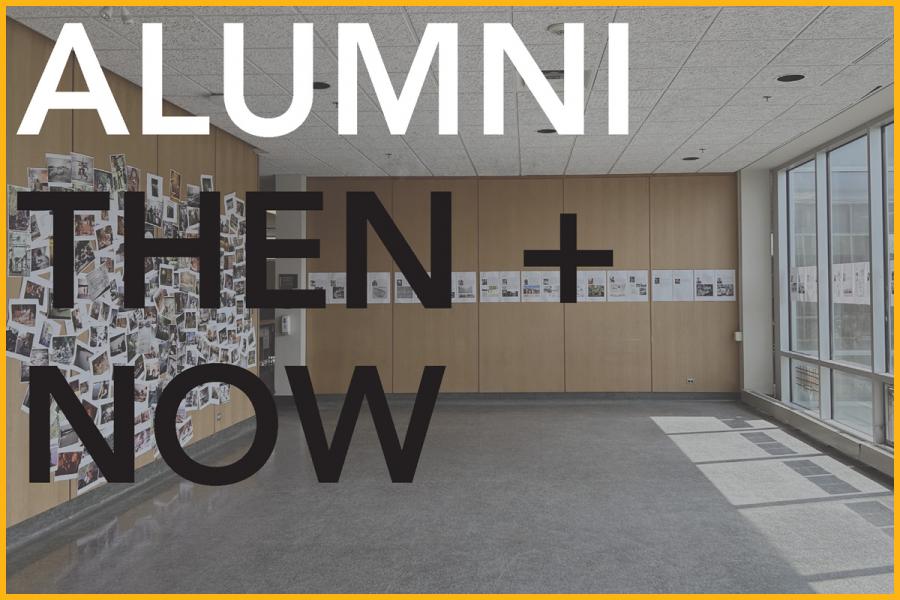 Photo of "Then + Now" Alumni Exhibition in John A. Russell Student Lounge.