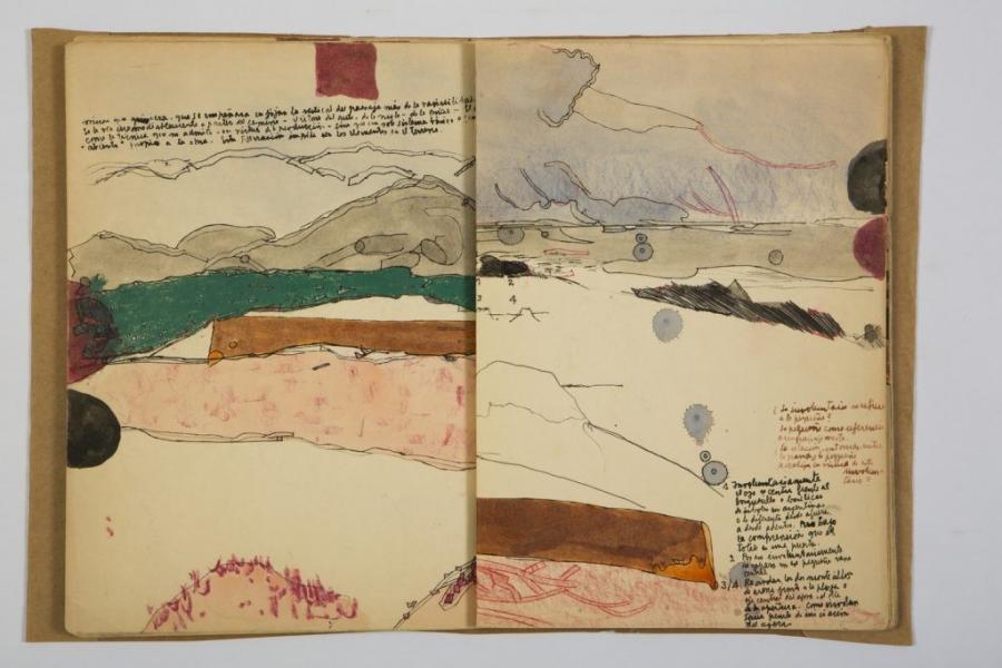 open sketchbook with images of landscapes drawn in