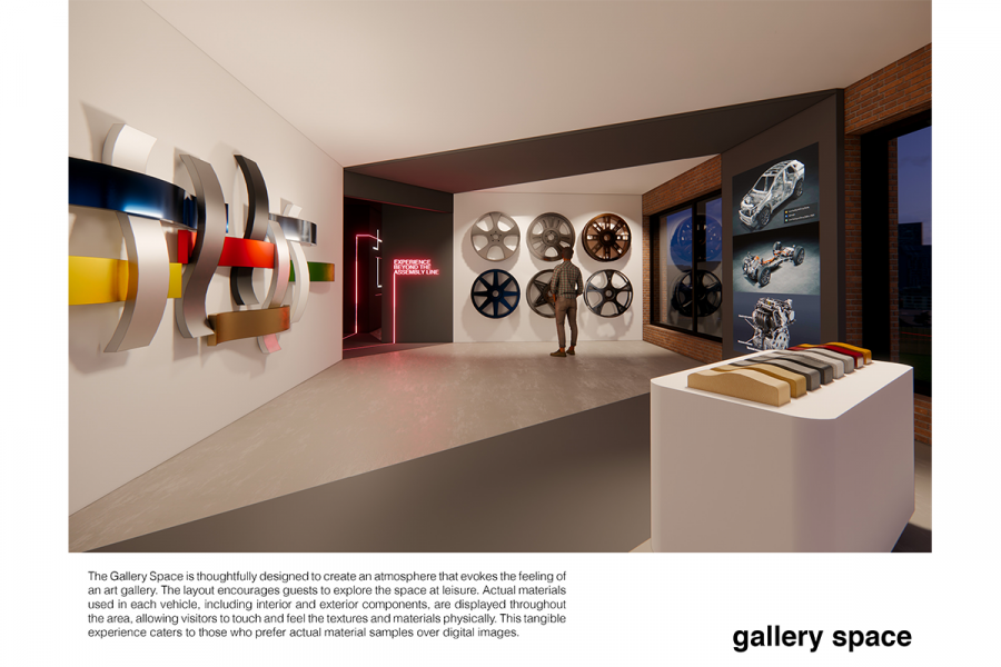 A room with a display of wheels.