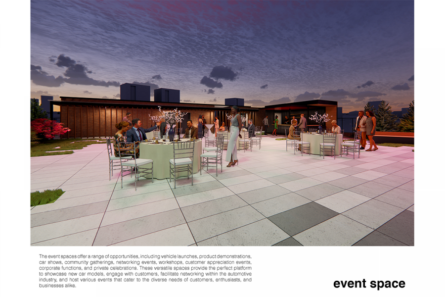 Groups of people gathered outdoor on a rooftop patio.