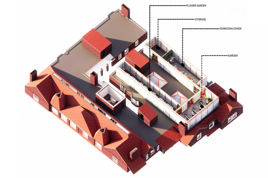 Aerial view of a building indicating the zoning areas of the outdoor spaces.