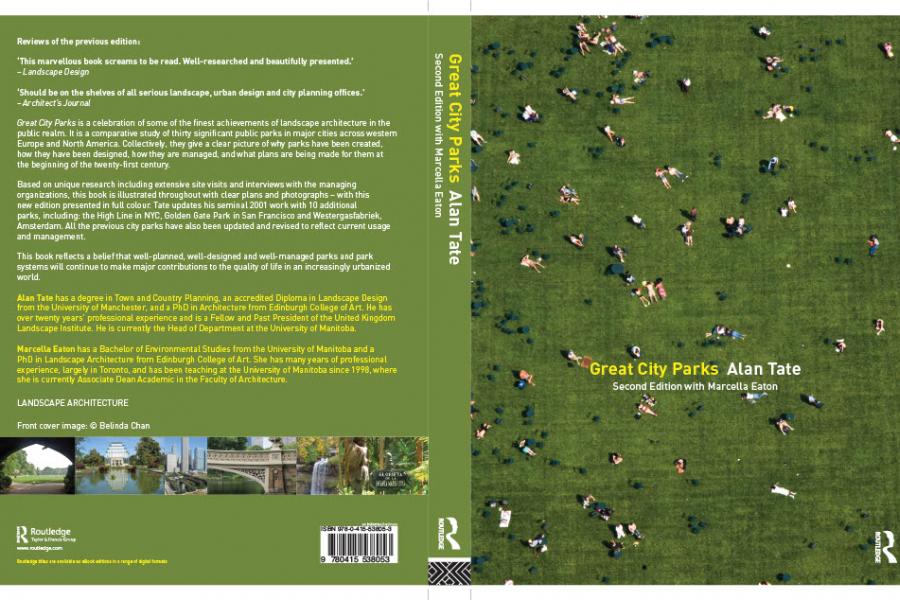The cover features a vibrant aerial photograph of a large park with numerous people scattered across a lush green lawn. The image is filled with various individuals relaxing, some lying down, others sitting or walking, with shadows cast on the grass. The background is uniformly green, providing a contrast to the small, scattered figures.