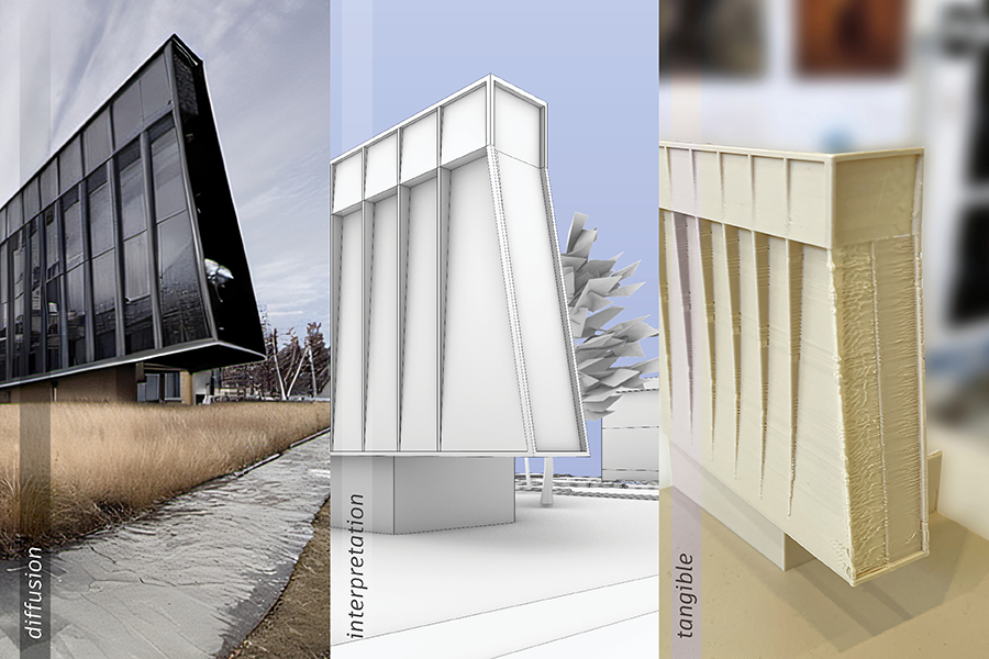 The image features three representations of a building design: a real-life photo with tinted windows and dark panels in a grassy setting, a digital rendering with simplified details in white and blue, and a physical scale model with corrugated vertical panels in off-white.