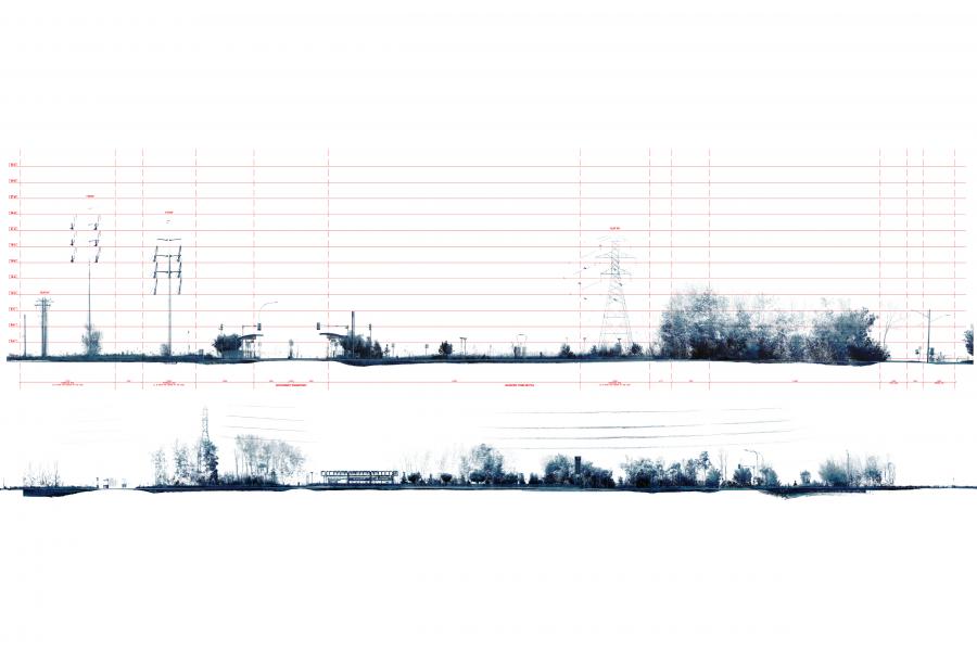 A technical illustration of a site section through the Southwest Transitway, showing detailed landscape profiles, power lines, sparse vegetation, and transit-related structures, with grid lines for scale. The lower section offers a simplified version of the upper landscape, without grid lines or markings.