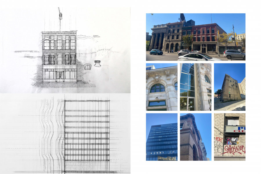 Architectural collage with hand-drawn building designs on the left and photos of various urban buildings on the right.
