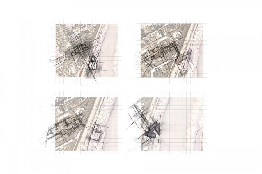 The image shows four aerial urban views in a 2x2 grid, overlaid with abstract black and gray sketch-like lines and geometric forms. Each section blends realistic mapping with creative elements, featuring grids and light sandy or waterfront areas.