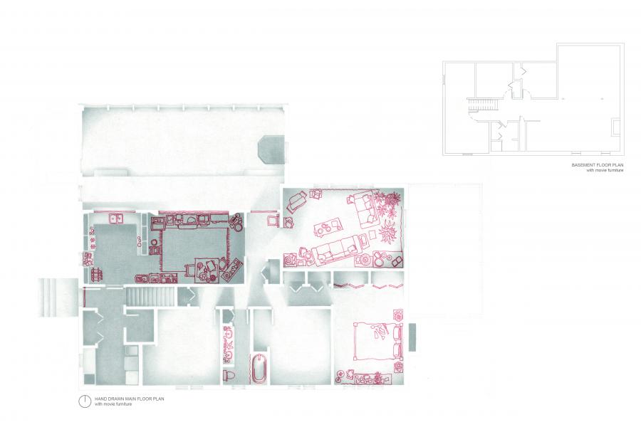 The image features two floor plans: a main floor with hand-drawn dark pink furniture (living area, kitchen, bedroom, bathroom) on a light blue background, and a simplified basement labeled "BASEMENT FLOOR PLAN with movie furniture."