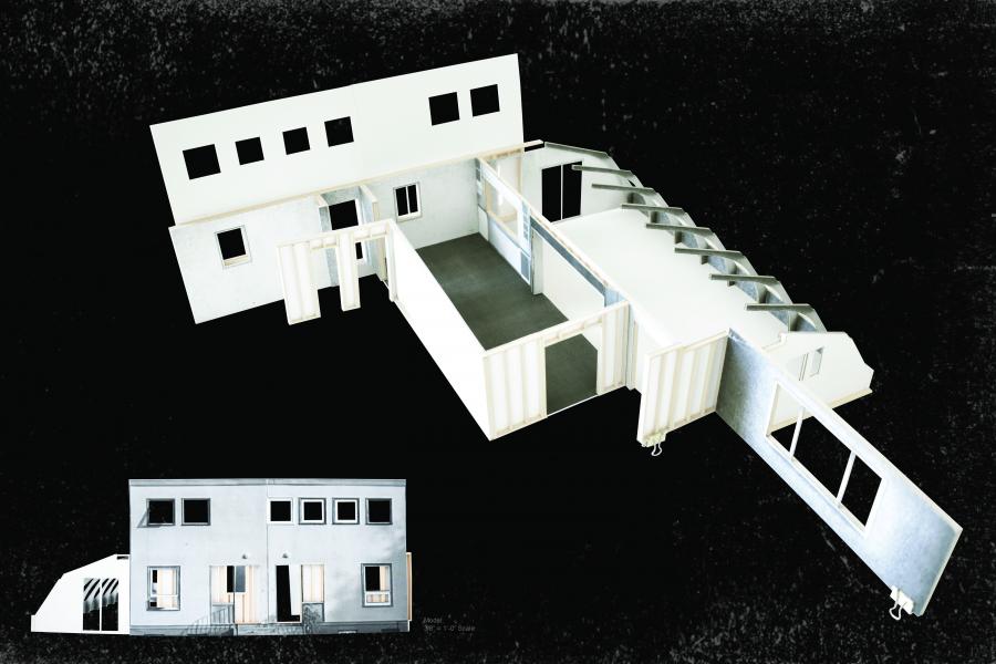 The image shows an aerial view of a partially deconstructed architectural model with white walls, window cutouts, and tiered layers suggesting a multi-level design. Against a black background, a smaller inset in the lower-left highlights the complete exterior with windows and doors.