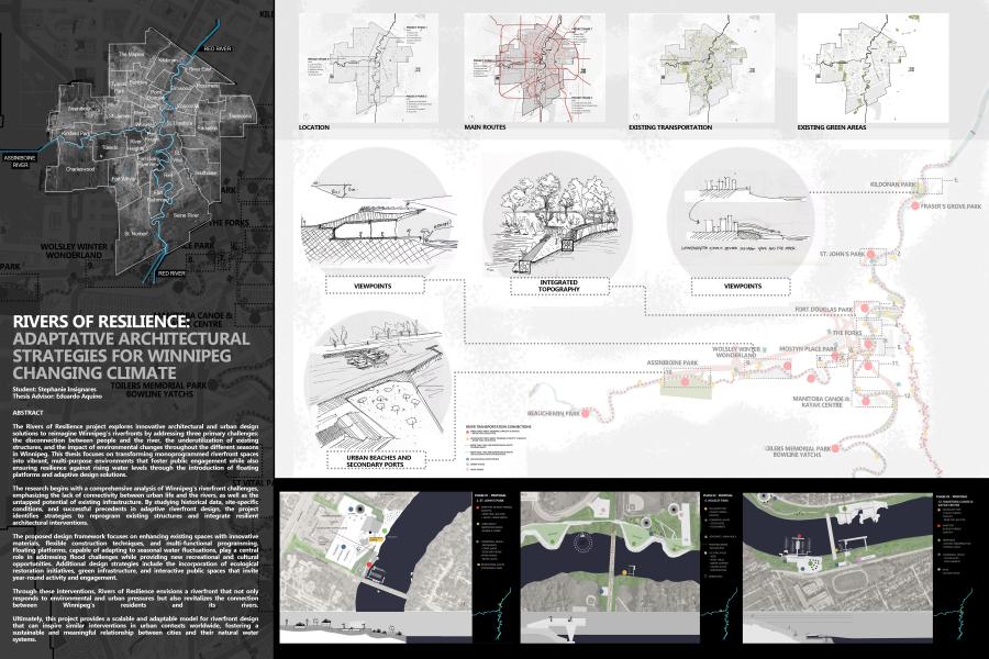 A research panel, "Rivers of Resilience," showcases Winnipeg riverfront maps, adaptive design sketches, and site proposals. It explores park, transit, and ecological links to tackle climate change.